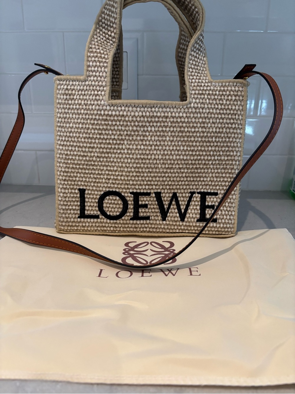 Loewe Ibiza Raffia Tote with Black Logo and Tan Strap